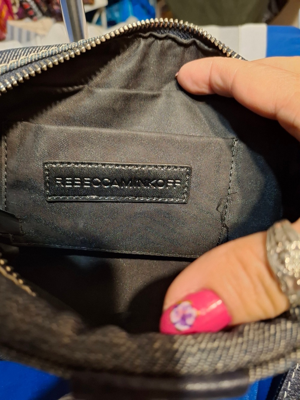 Rebecca Minkoff Mini Sofia Denim Crossbody Bag with Orange and Cream Tassels - Picture 11 of 11